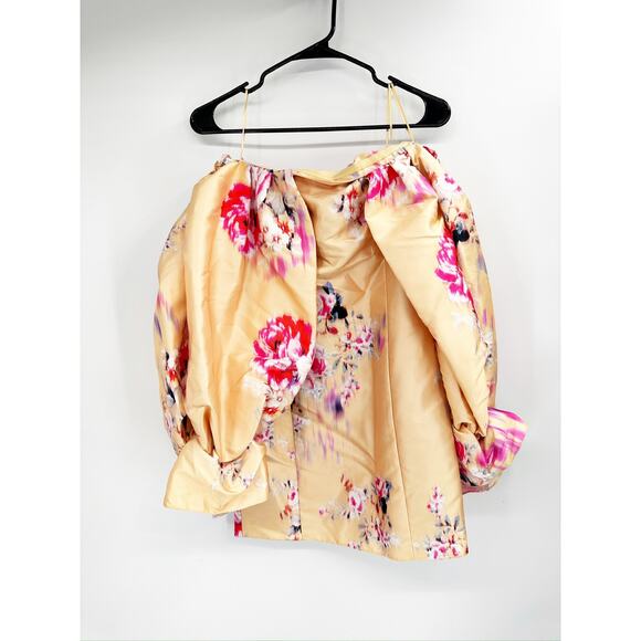ASOS LUXE Drama Sleeve Structured Satin Off Shoulder Mini Dress in Floral Print - Picture 2 of 5